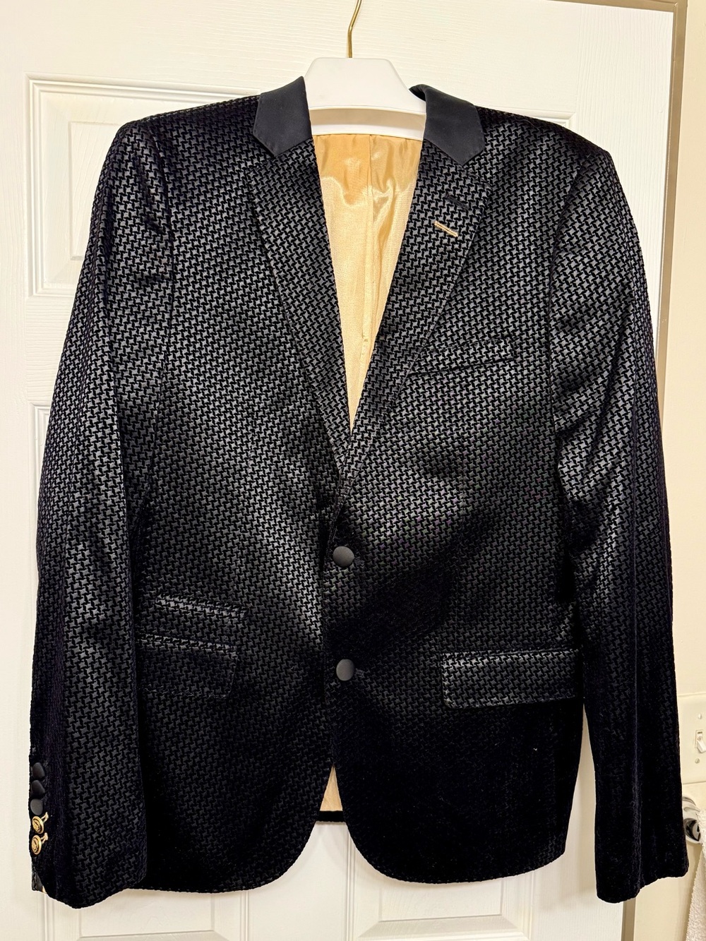 Maceoo Black Velvet Satin Micro Houndstooth Textured Patterned Suit Sport Jacket